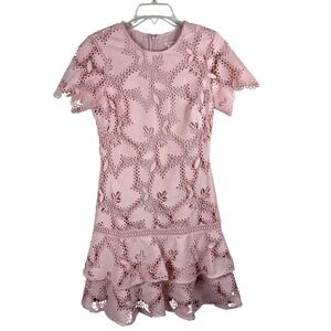 Shoshanna Pink Lace Dress Party Cocktail Ruffle Hem Short Sleeve Women‎ Size 4